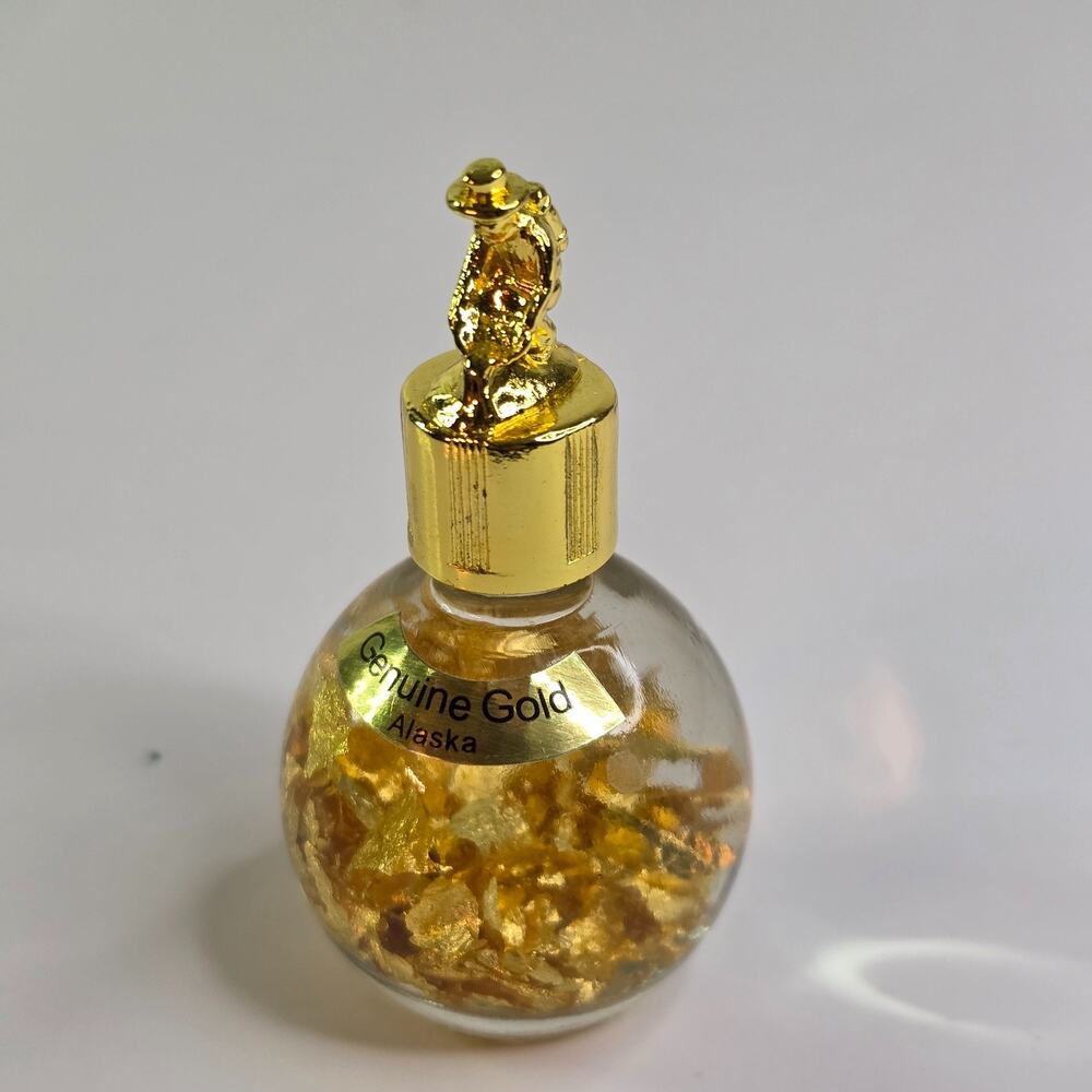 Genuine Gold Alaska Gold Foil Flake In Glass Bottle with Miner Topper Keepsake
